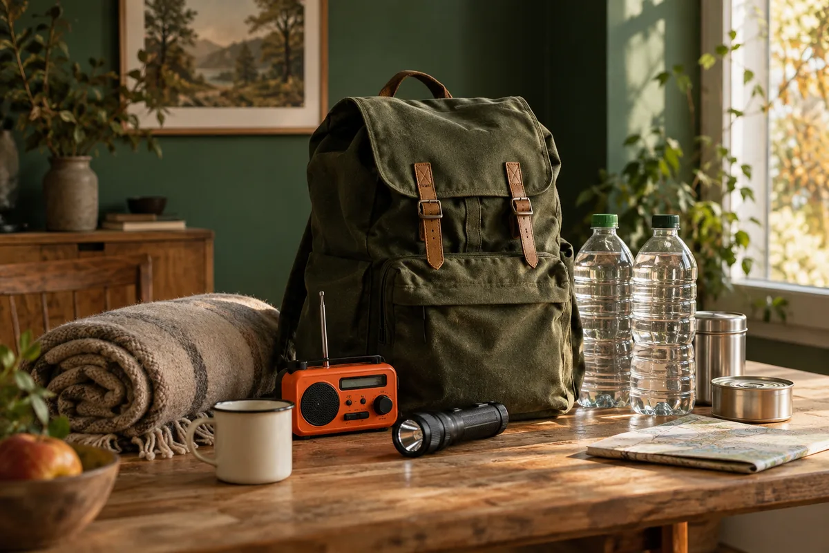 Sac à dos, eau, radio et lampe réunis sur une table pour préparer un kit d’urgence.